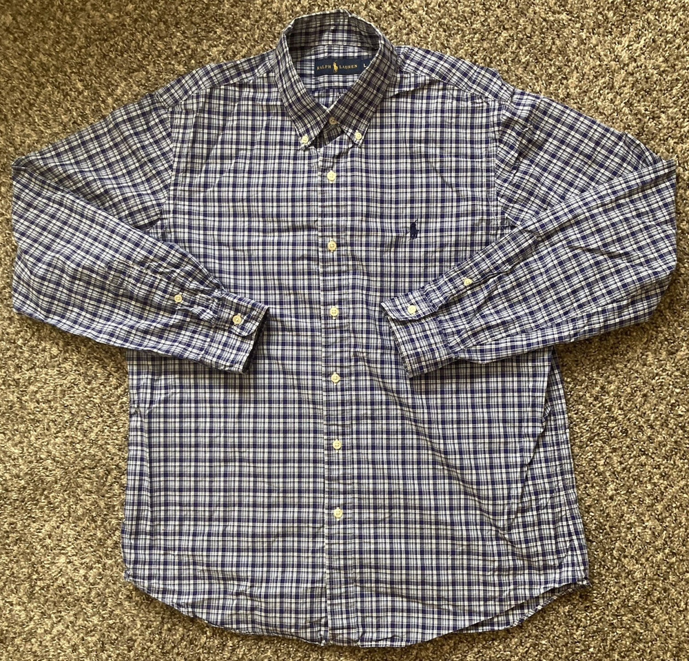 Ralph Lauren Shirt Men's Large Blue Plaid Button Down Long Sleeve Cotton Pony